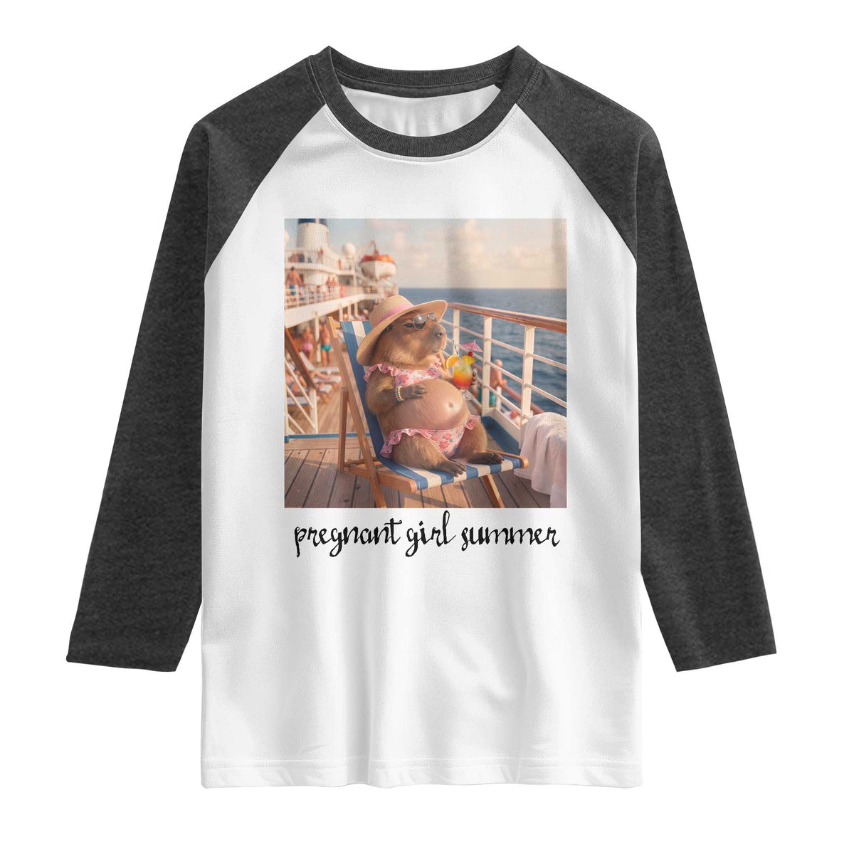 Summer Capybara Pregnancy Raglan Shirt Baby Announcement Gift TS12 White Heather Charcoal Print Your Wear