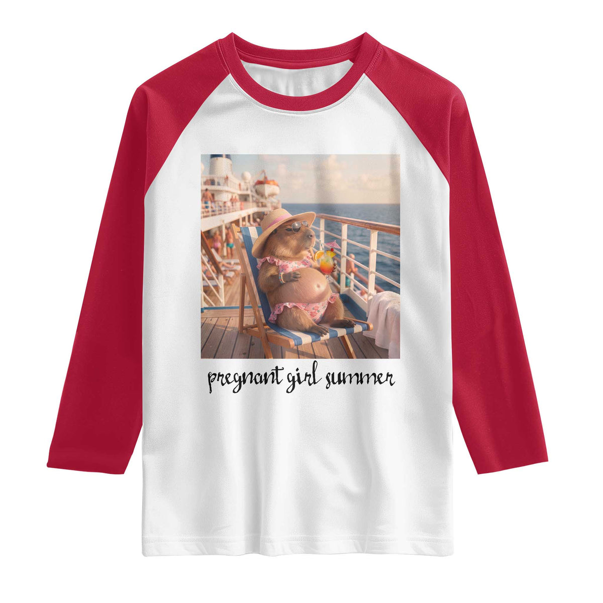 Summer Capybara Pregnancy Raglan Shirt Baby Announcement Gift TS12 White Red Print Your Wear