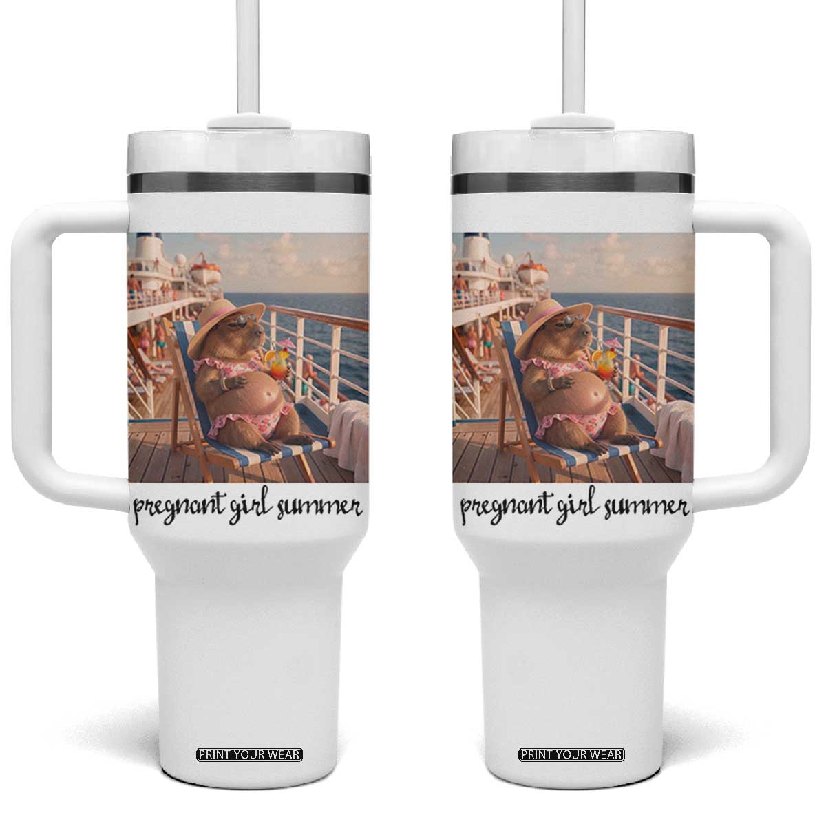 Summer Capybara Pregnancy Tumbler With Handle Baby Announcement Gift TS12 One Size: 40 oz White Print Your Wear