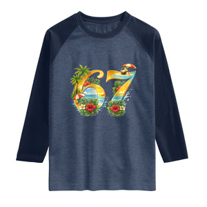 Hawaii Six Seven Raglan Shirt Tropical Hibiscus Vacation Graphic TS12 Heather Denim Navy Print Your Wear