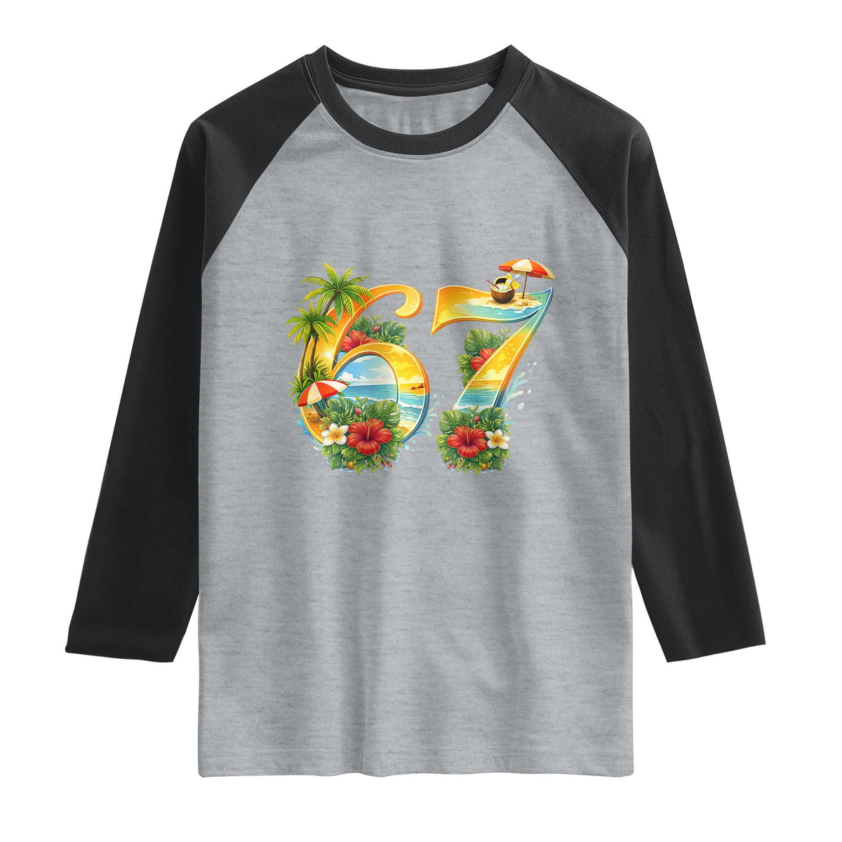 Hawaii Six Seven Raglan Shirt Tropical Hibiscus Vacation Graphic TS12 Heather Gray Black Print Your Wear
