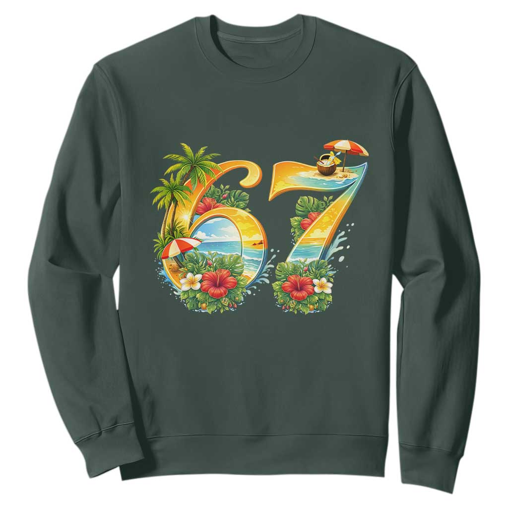 Hawaii Six Seven Sweatshirt Tropical Hibiscus Vacation Graphic TS12 Dark Forest Green Print Your Wear