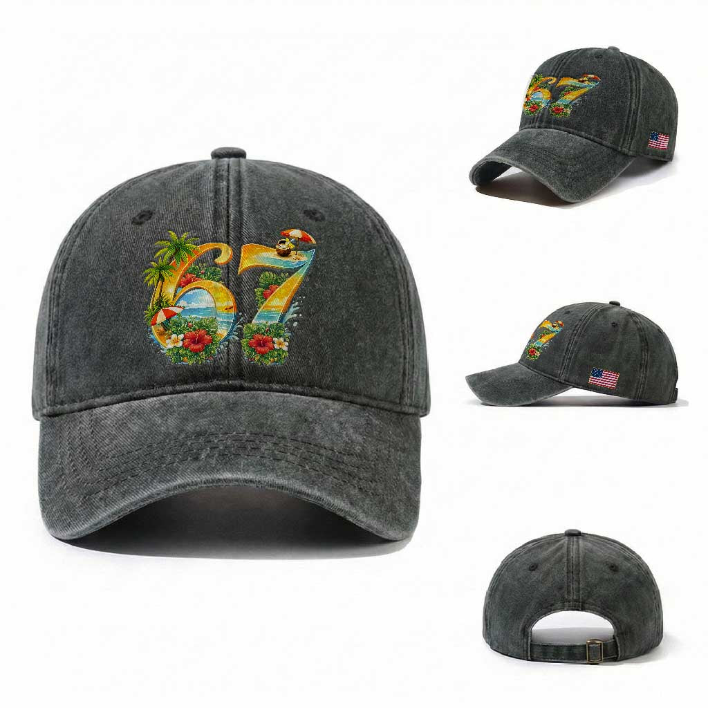Hawaii Six Seven Washed Cotton Baseball Cap Tropical Hibiscus Vacation Graphic TS12 Washed Cap Universal Fit Dark Green Print Your Wear
