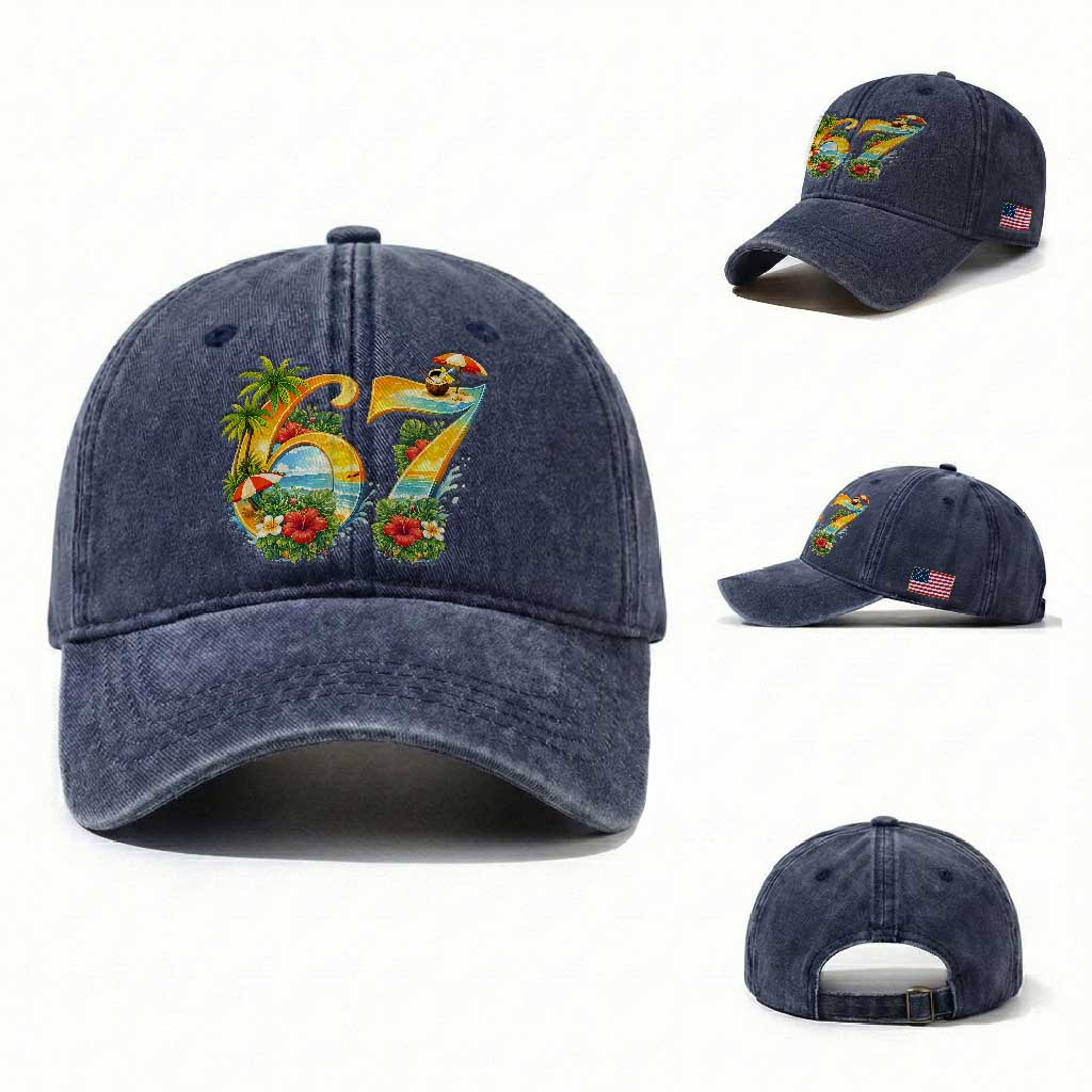 Hawaii Six Seven Washed Cotton Baseball Cap Tropical Hibiscus Vacation Graphic TS12 Washed Cap Universal Fit Navy Print Your Wear