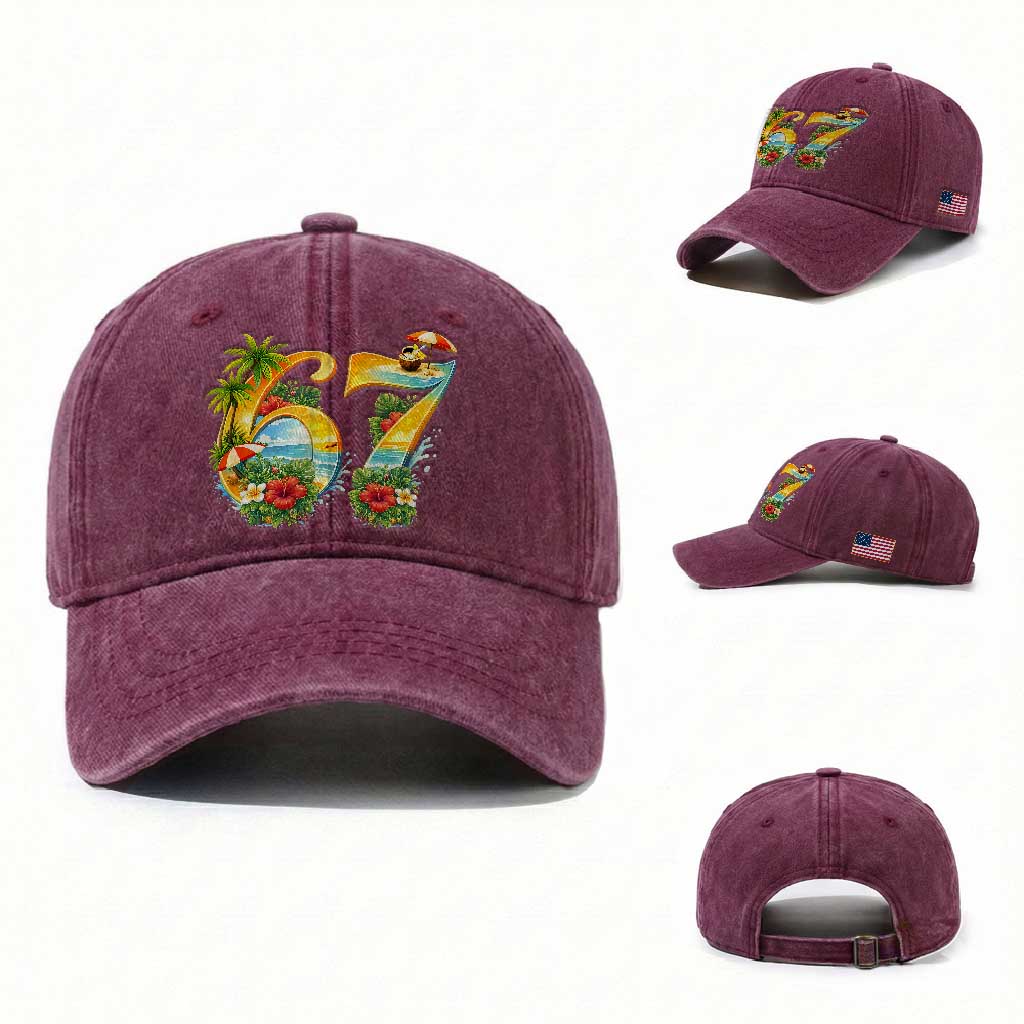 Hawaii Six Seven Washed Cotton Baseball Cap Tropical Hibiscus Vacation Graphic TS12 Washed Cap Universal Fit Burgundy Print Your Wear