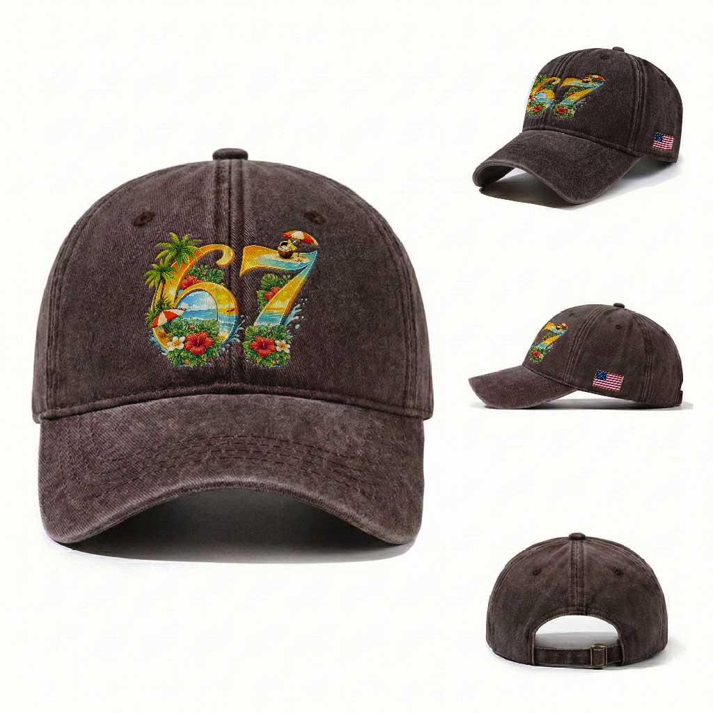 Hawaii Six Seven Washed Cotton Baseball Cap Tropical Hibiscus Vacation Graphic TS12 Washed Cap Universal Fit Dark Brown Print Your Wear