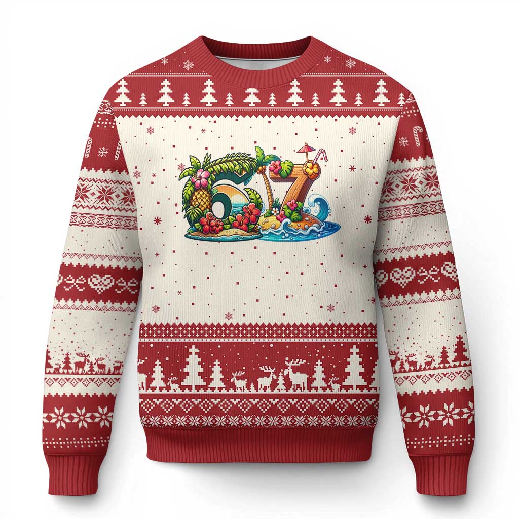 Tropical Beach Six Seven Ugly Christmas Sweater Summer Island Vacation Graphic TS12 Beige Red Print Your Wear