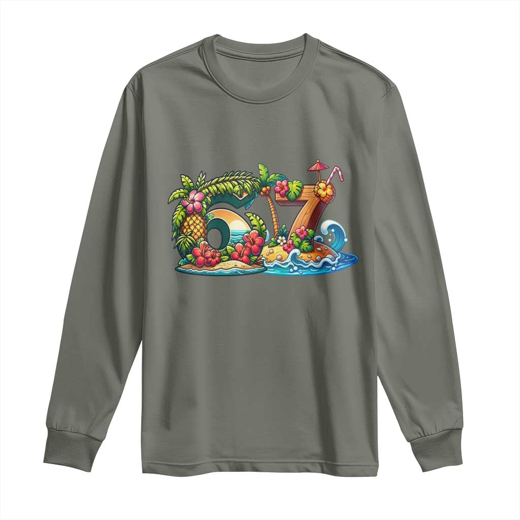 Tropical Beach Six Seven Long Sleeve Shirt Summer Island Vacation Graphic TS12 Military Green Print Your Wear
