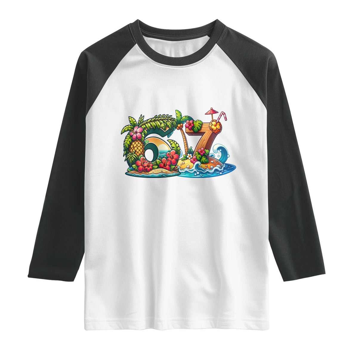 Tropical Beach Six Seven Raglan Shirt Summer Island Vacation Graphic TS12 White Black Print Your Wear