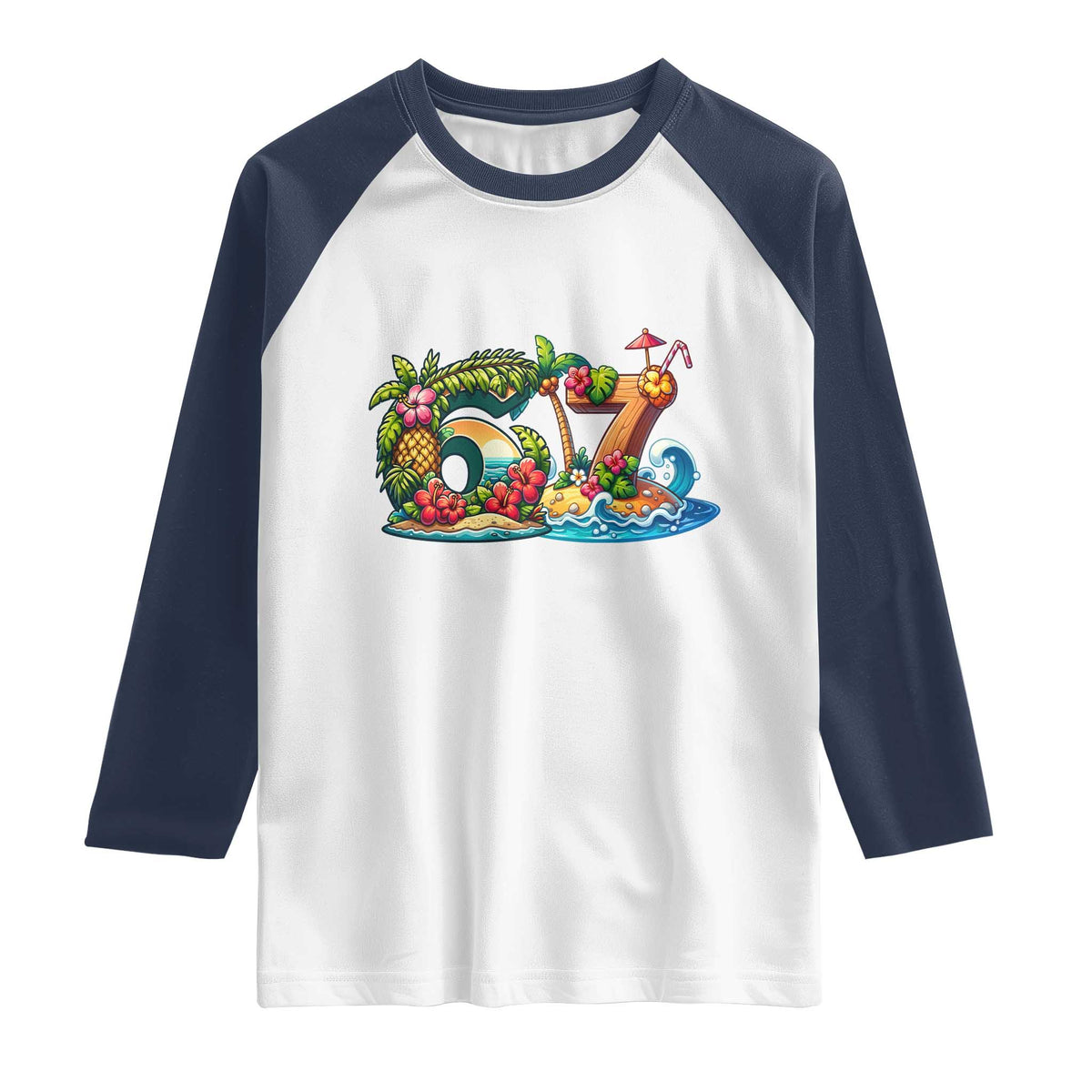Tropical Beach Six Seven Raglan Shirt Summer Island Vacation Graphic TS12 White Navy Print Your Wear