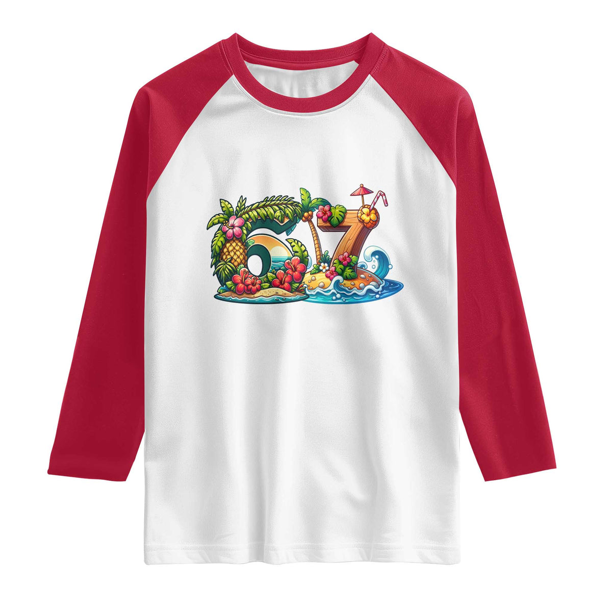 Tropical Beach Six Seven Raglan Shirt Summer Island Vacation Graphic TS12 White Red Print Your Wear