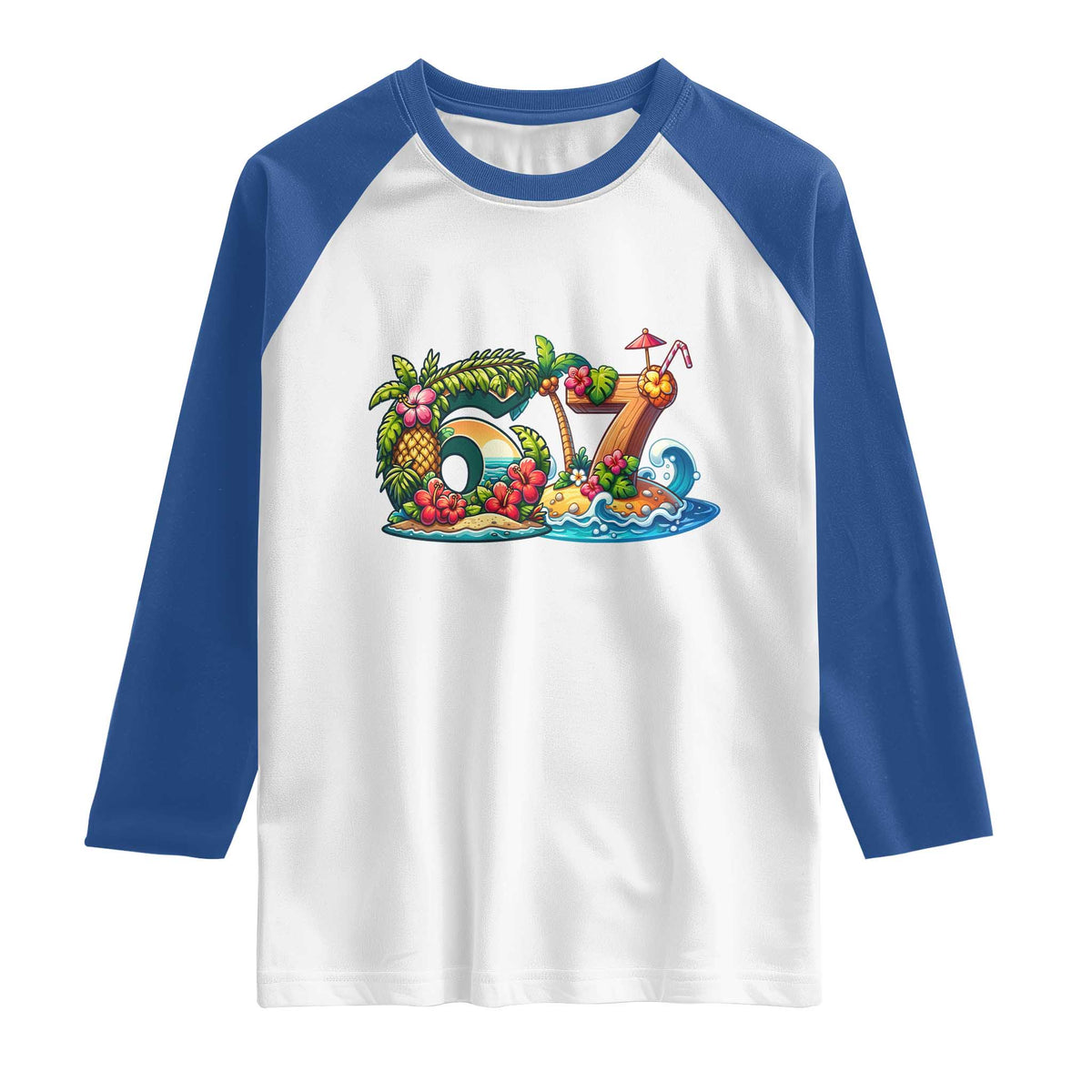 Tropical Beach Six Seven Raglan Shirt Summer Island Vacation Graphic TS12 White Royal Print Your Wear