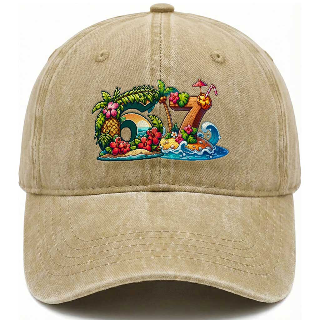 Tropical Beach Six Seven Washed Cotton Baseball Cap Summer Island Vacation Graphic TS12 Print Your Wear