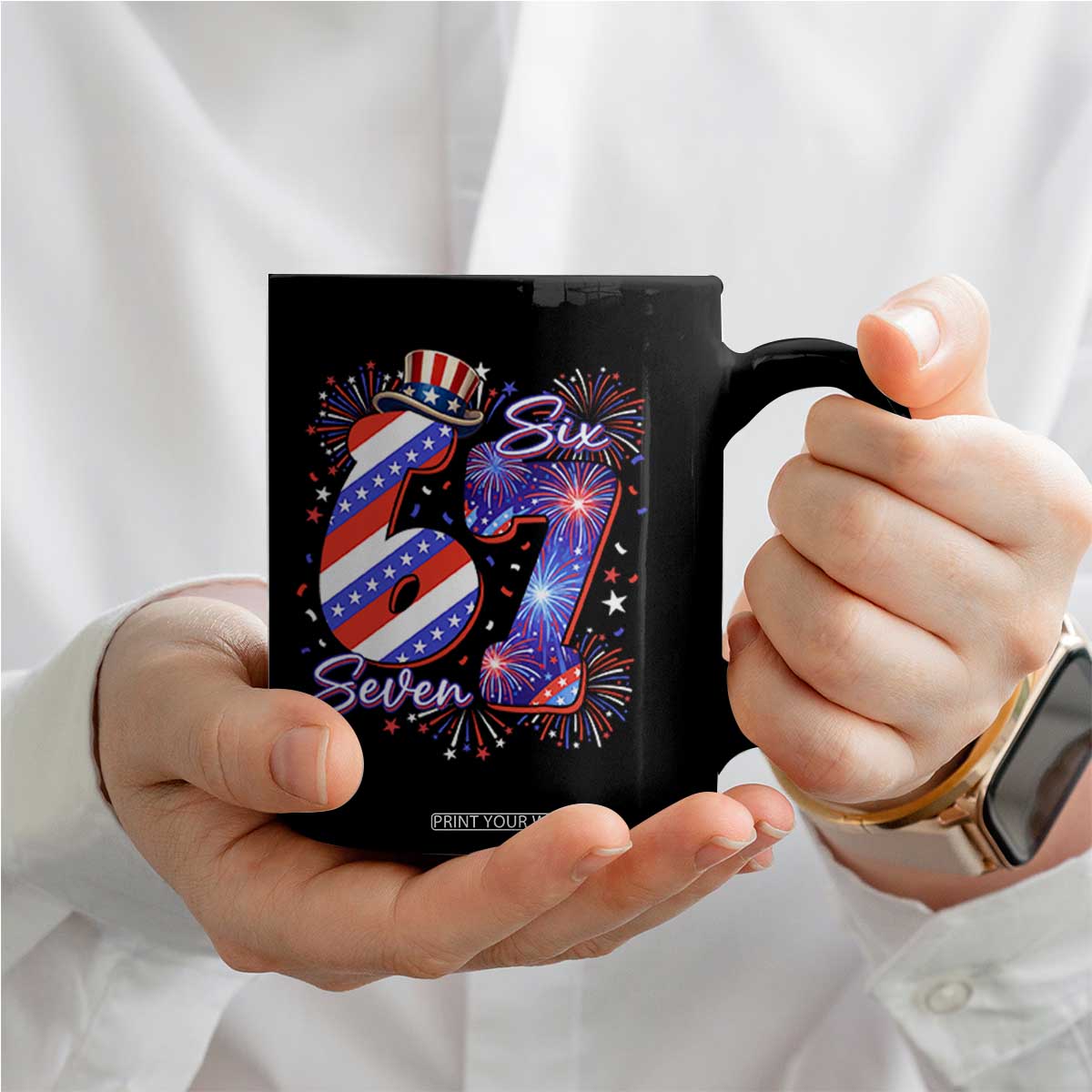 Patriotic Six Seven Coffee Mug Red White And Blue Fireworks Graphic TS12 Print Your Wear