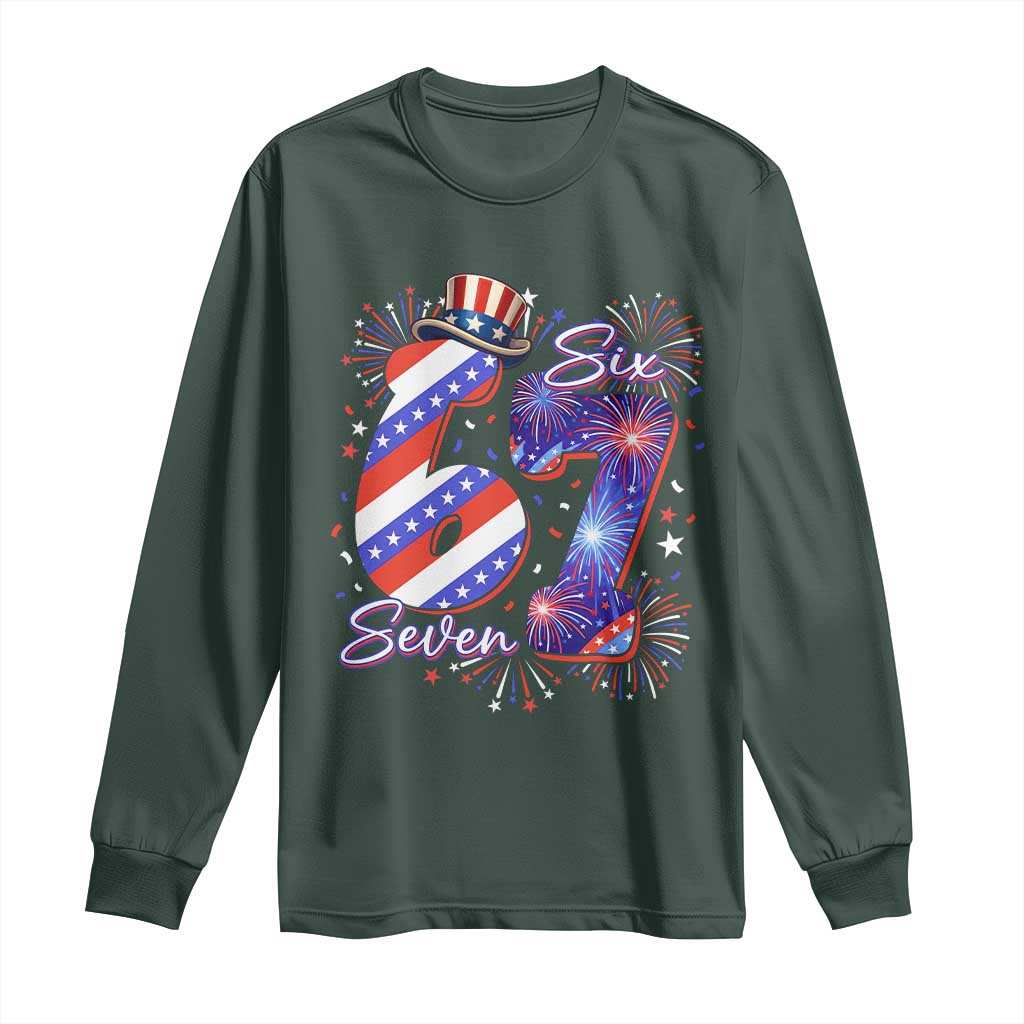 Patriotic Six Seven Long Sleeve Shirt Red White And Blue Fireworks Graphic TS12 Dark Forest Green Print Your Wear
