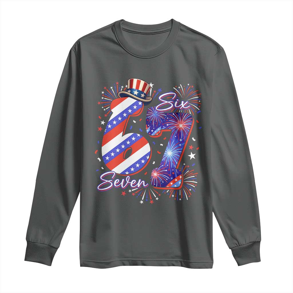 Patriotic Six Seven Long Sleeve Shirt Red White And Blue Fireworks Graphic TS12 Dark Heather Print Your Wear