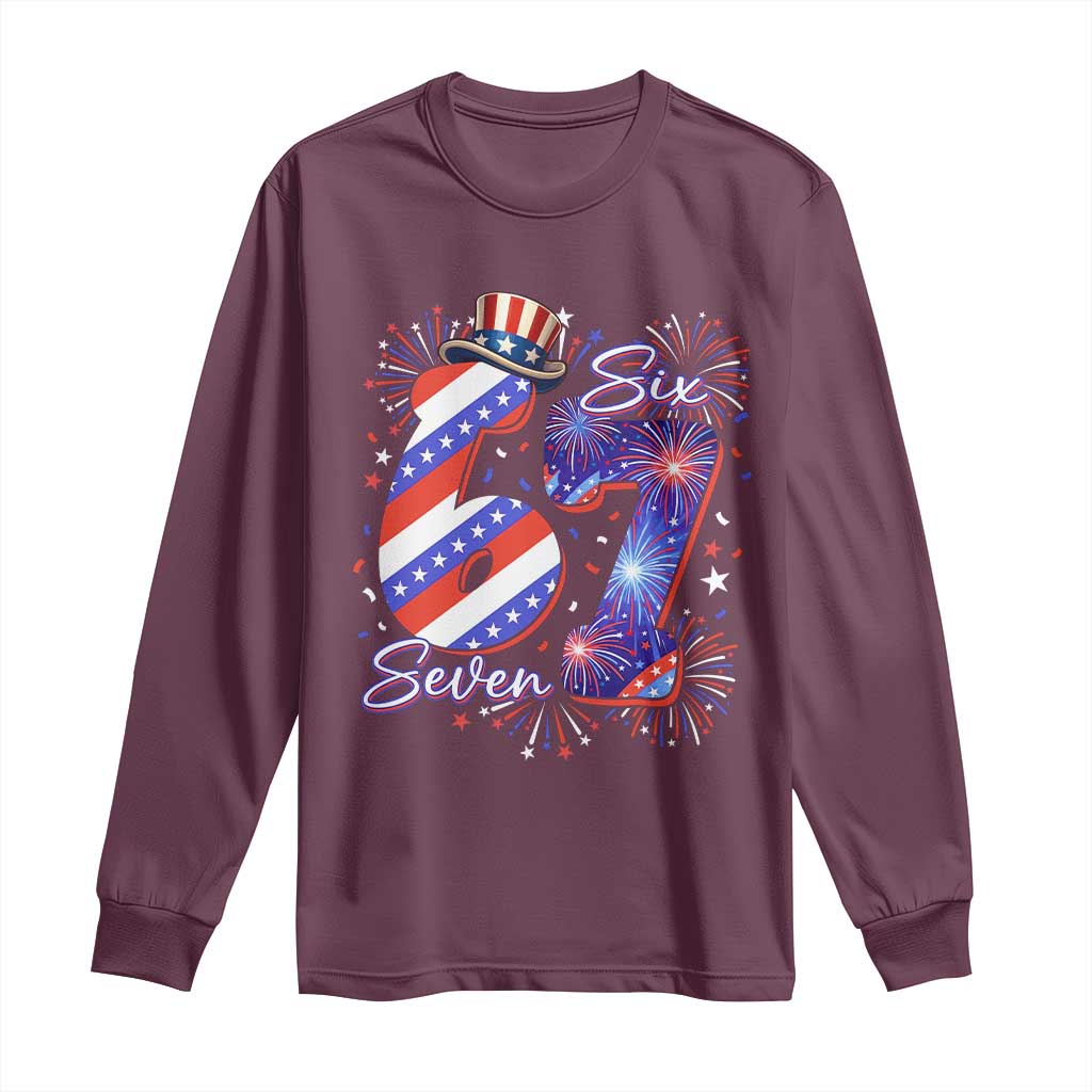 Patriotic Six Seven Long Sleeve Shirt Red White And Blue Fireworks Graphic TS12 Maroon Print Your Wear