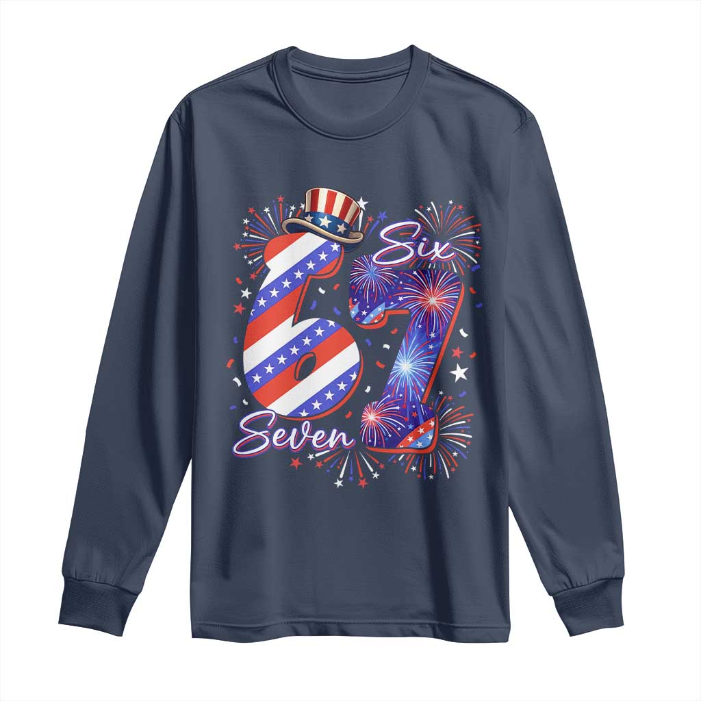 Patriotic Six Seven Long Sleeve Shirt Red White And Blue Fireworks Graphic TS12 Navy Print Your Wear
