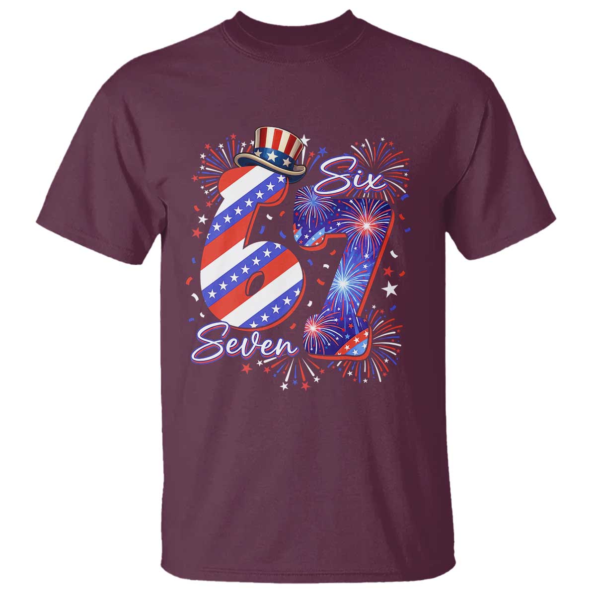 Patriotic Six Seven T Shirt Red White And Blue Fireworks Graphic TS12 Maroon Print Your Wear