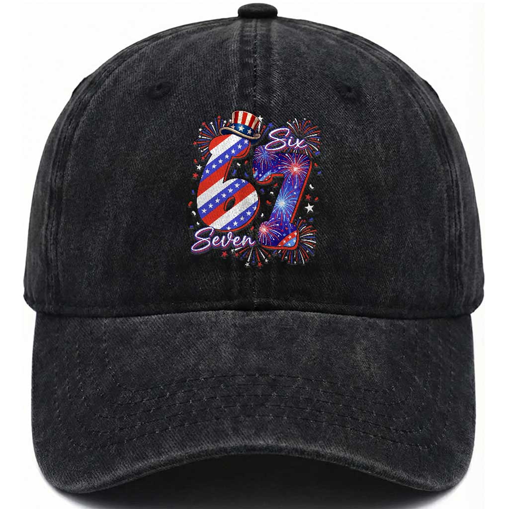 Patriotic Six Seven Washed Cotton Baseball Cap Red White And Blue Fireworks Graphic TS12 Print Your Wear