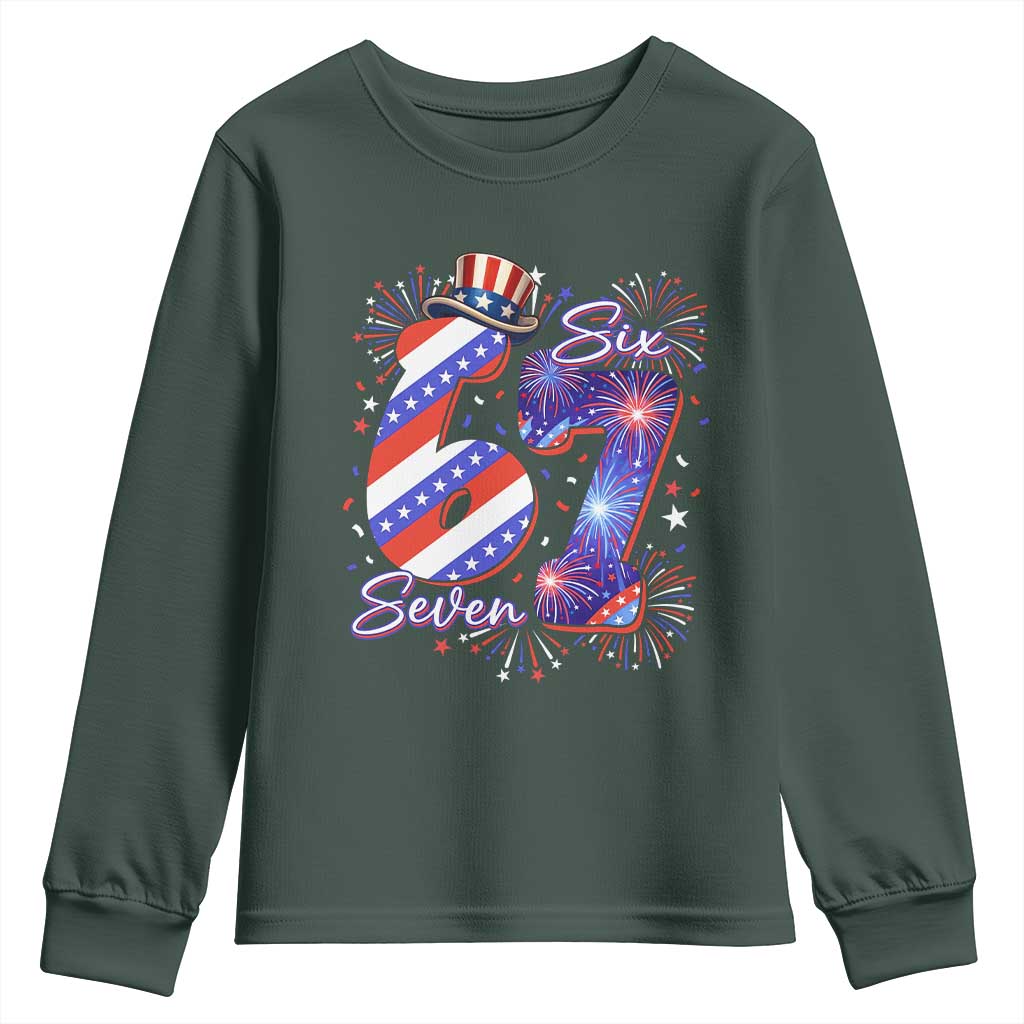 Patriotic Six Seven Youth Sweatshirt Red White And Blue Fireworks Graphic TS12 Dark Forest Green Print Your Wear
