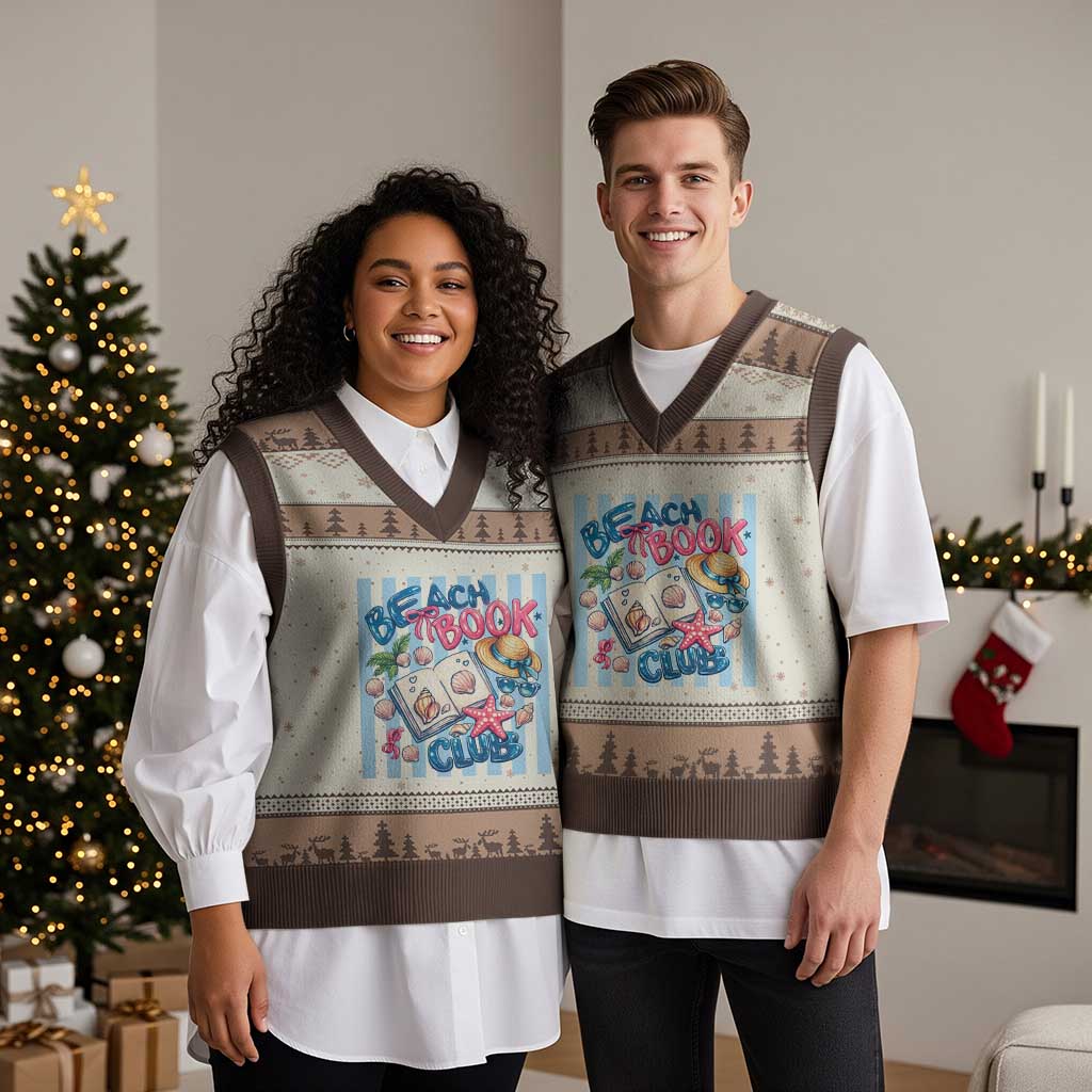 Beach Book Club V-Neck Knit Sweater Vest Bookworm Summer Vacation Graphic TS12 Mocha Mousse Print Your Wear