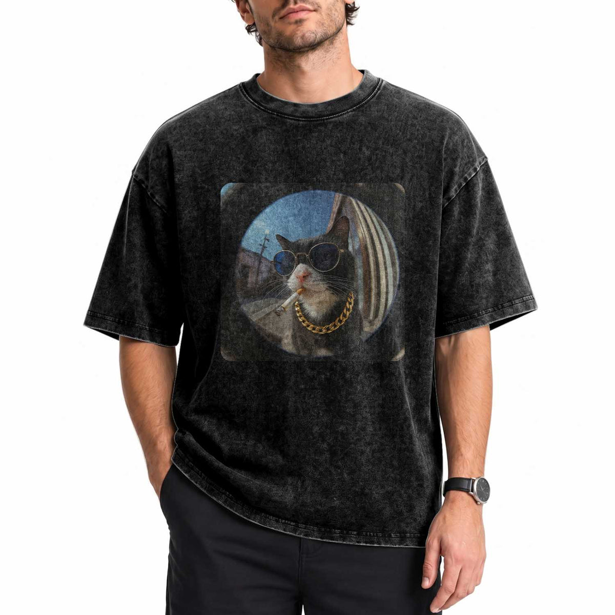 Smoking Cat Washed Cotton T-Shirt Meme Funny Cool Kitten
