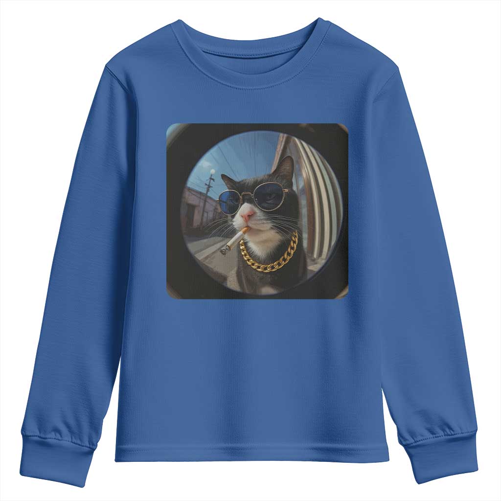 Smoking Cat Youth Sweatshirt Meme Funny Cool Kitten TS12 Royal Blue Print Your Wear
