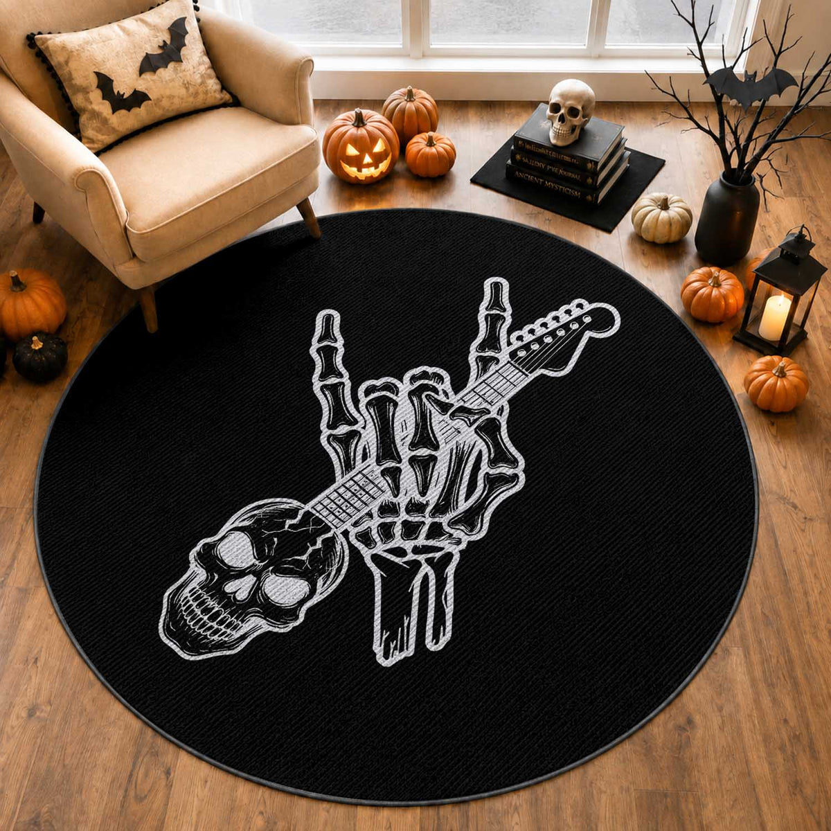 Rock N Roll Round Rug Skeleton Hand Playing Guitar Heavy Metal Music