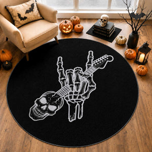Rock N Roll Round Rug Skeleton Hand Playing Guitar Heavy Metal Music
