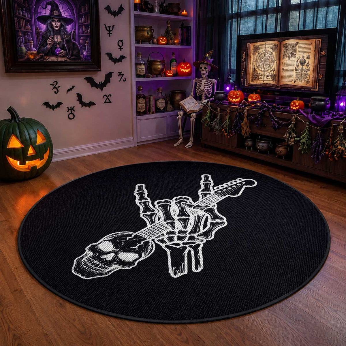 Rock N Roll Round Rug Skeleton Hand Playing Guitar Heavy Metal Music