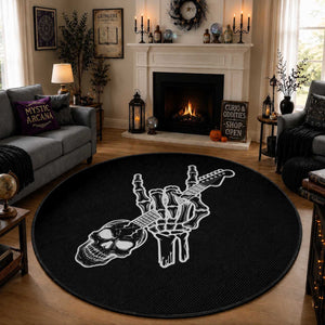Rock N Roll Round Rug Skeleton Hand Playing Guitar Heavy Metal Music