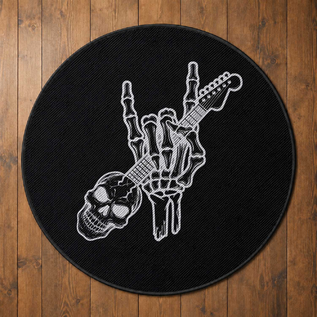 Rock N Roll Round Rug Skeleton Hand Playing Guitar Heavy Metal Music
