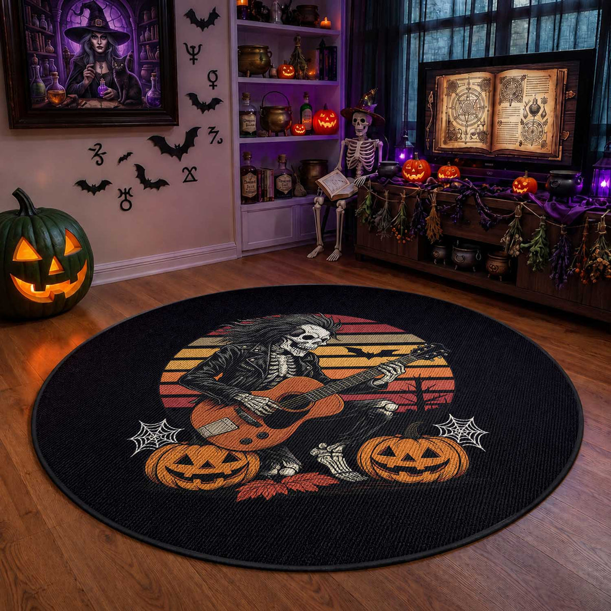 Halloween Rock Round Rug Skeleton Playing Guitar Rock And Roll