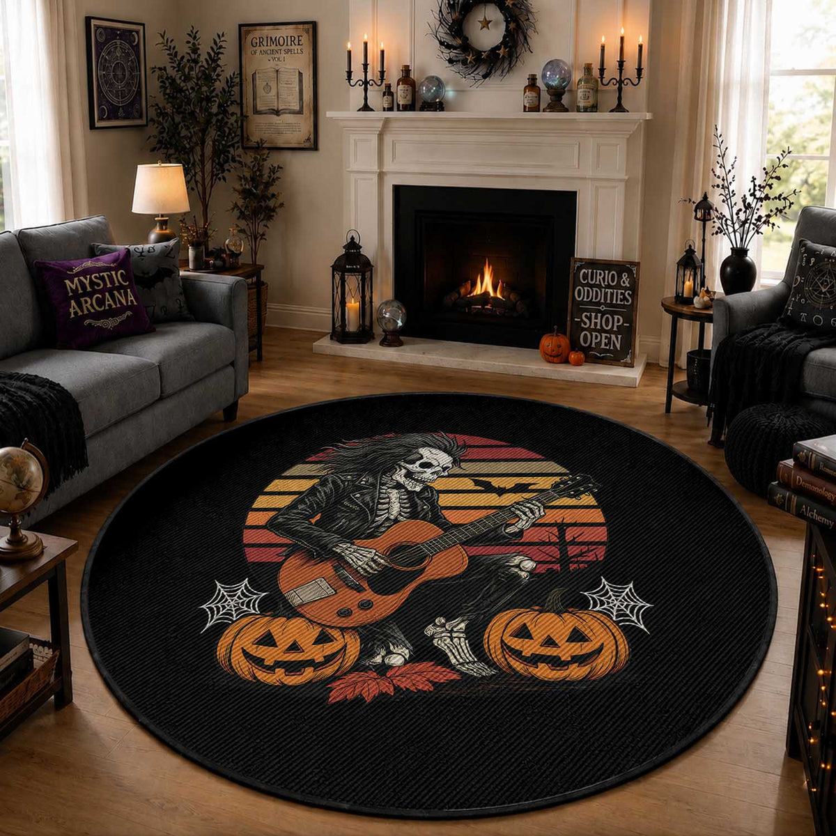Halloween Rock Round Rug Skeleton Playing Guitar Rock And Roll