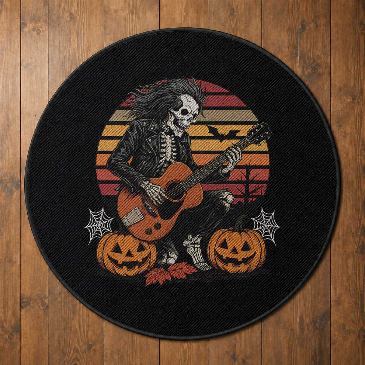 Halloween Rock Round Rug Skeleton Playing Guitar Rock And Roll