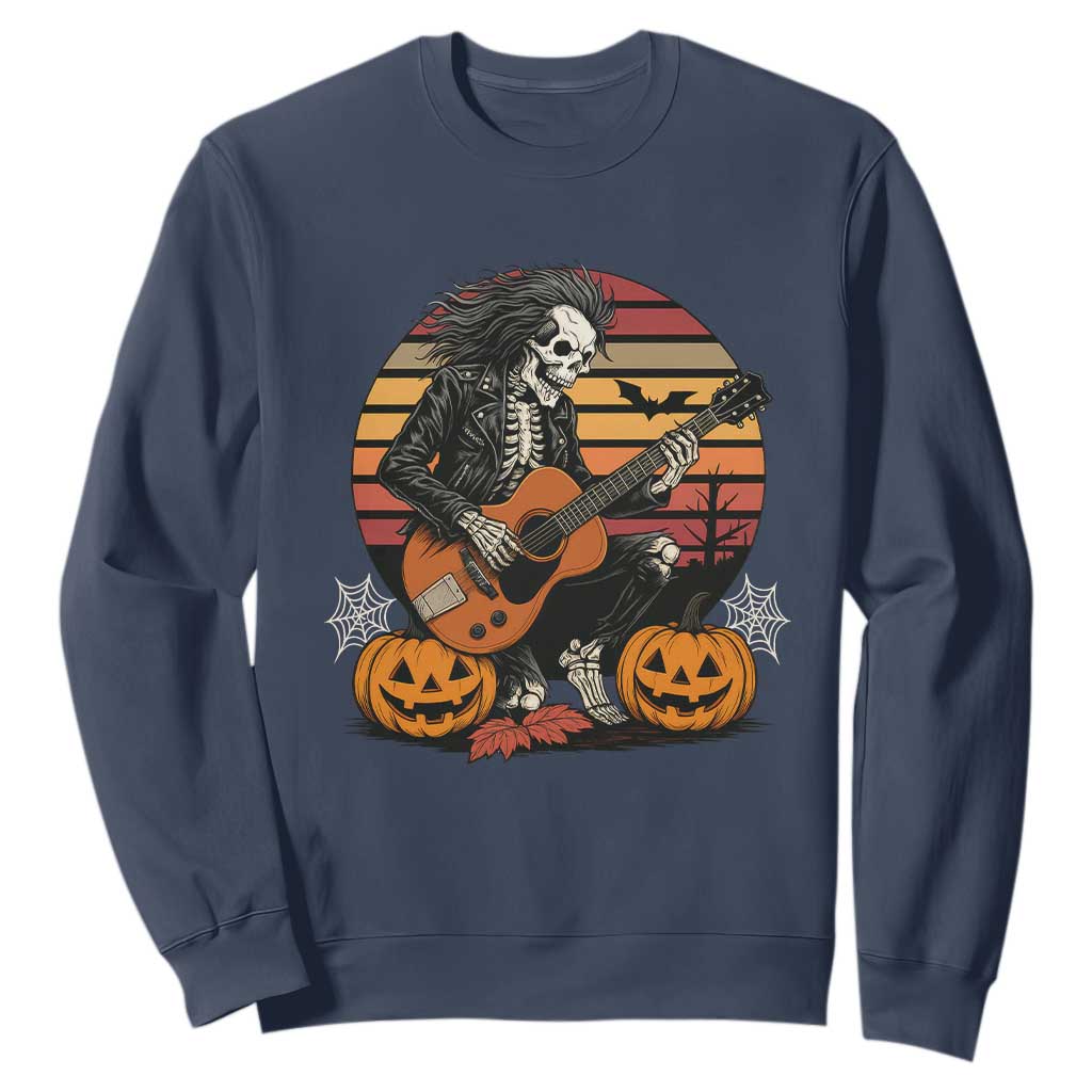 Halloween Rock Sweatshirt Skeleton Playing Guitar Rock And Roll TS12 Navy Print Your Wear