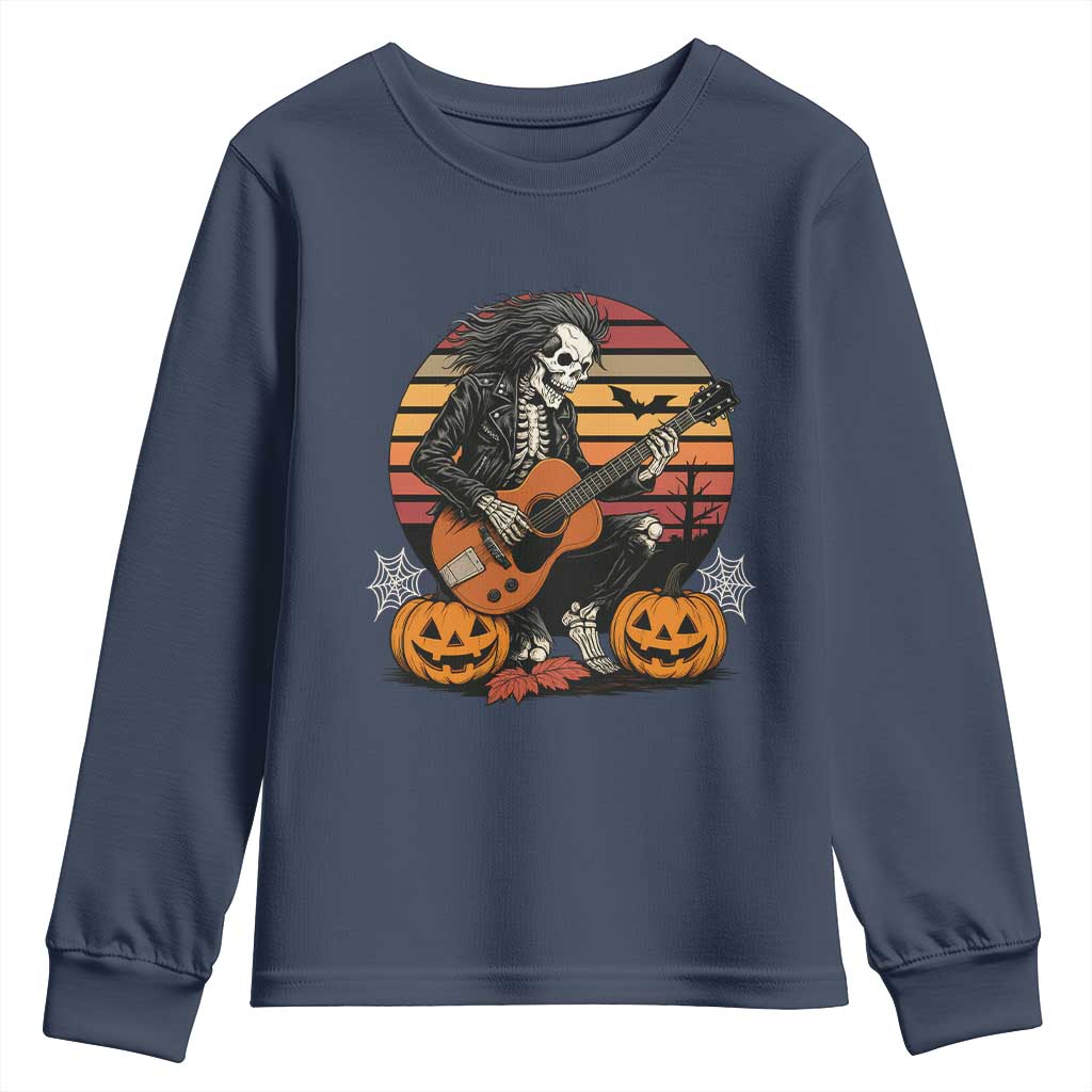 Halloween Rock Youth Sweatshirt Skeleton Playing Guitar Rock And Roll TS12 Navy Print Your Wear