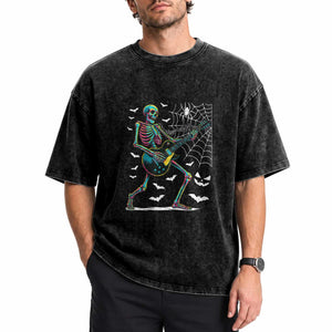Halloween Rock And Roll Washed Cotton T-Shirt Skeleton Playing Guitar