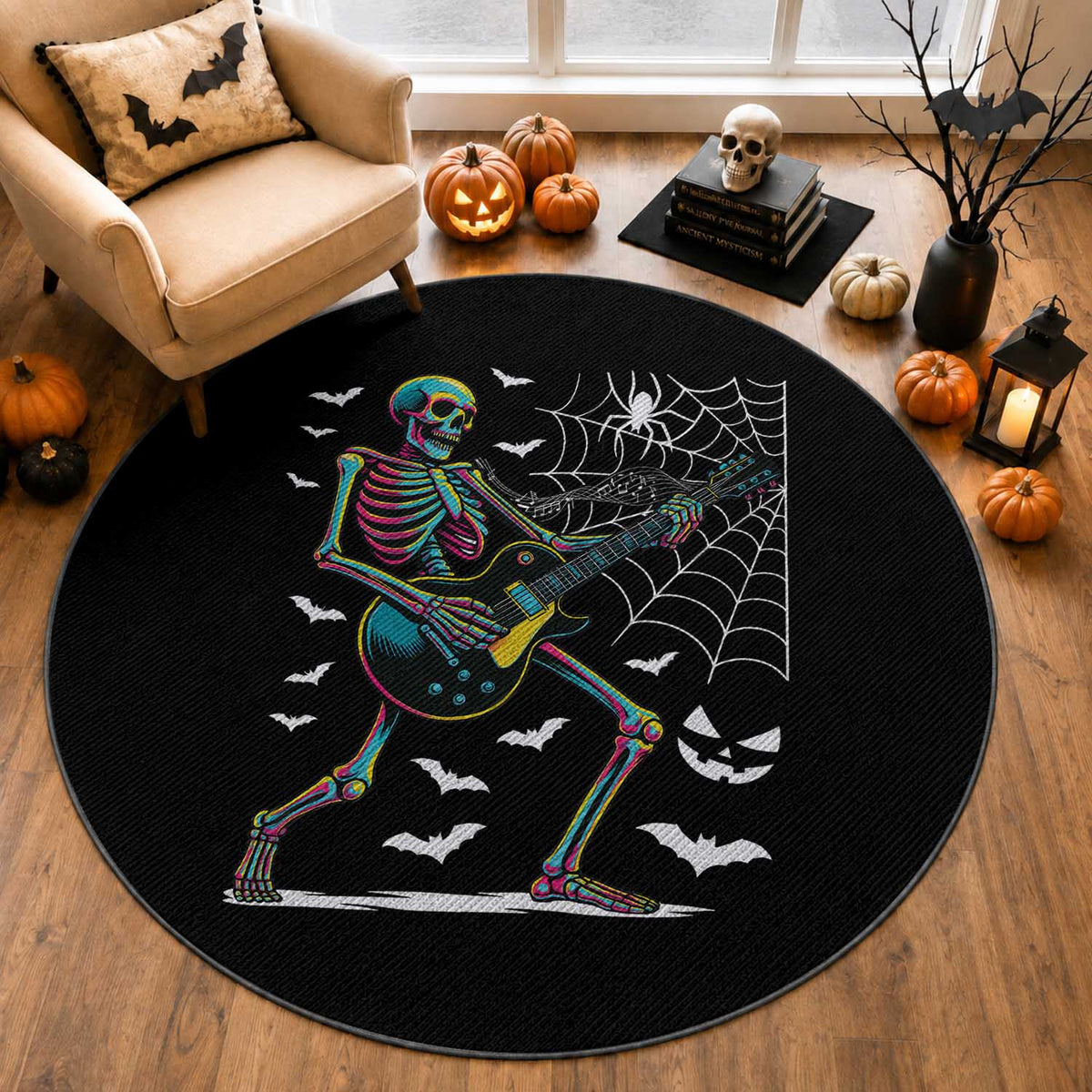 Halloween Rock And Roll Round Rug Skeleton Playing Guitar