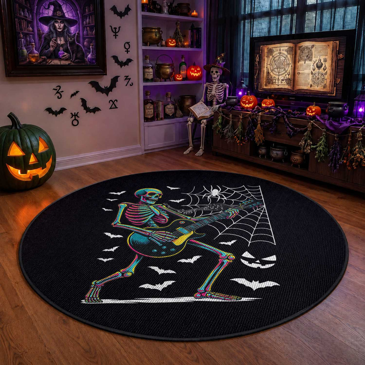 Halloween Rock And Roll Round Rug Skeleton Playing Guitar