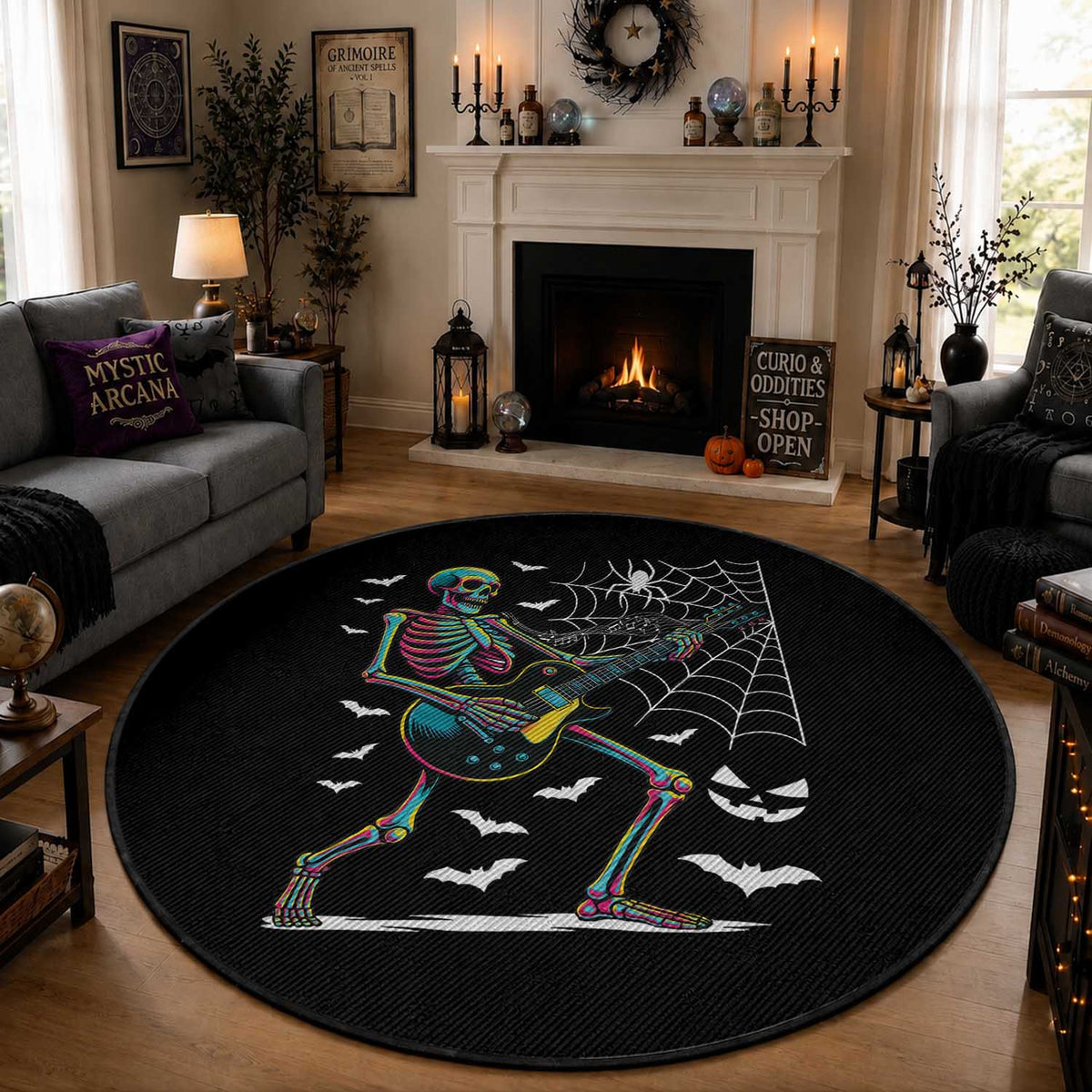 Halloween Rock And Roll Round Rug Skeleton Playing Guitar