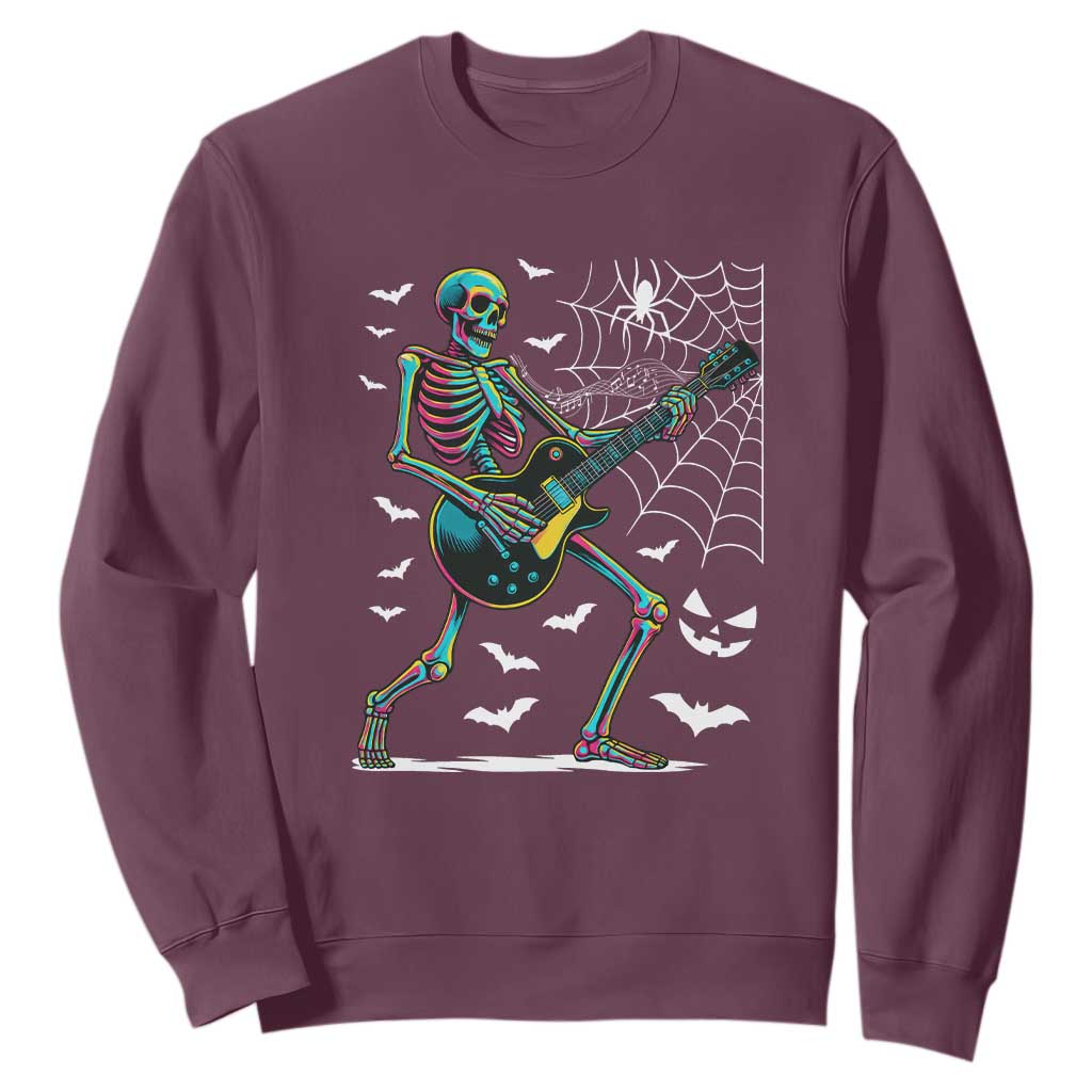 Halloween Rock And Roll Sweatshirt Skeleton Playing Guitar TS12 Maroon Print Your Wear