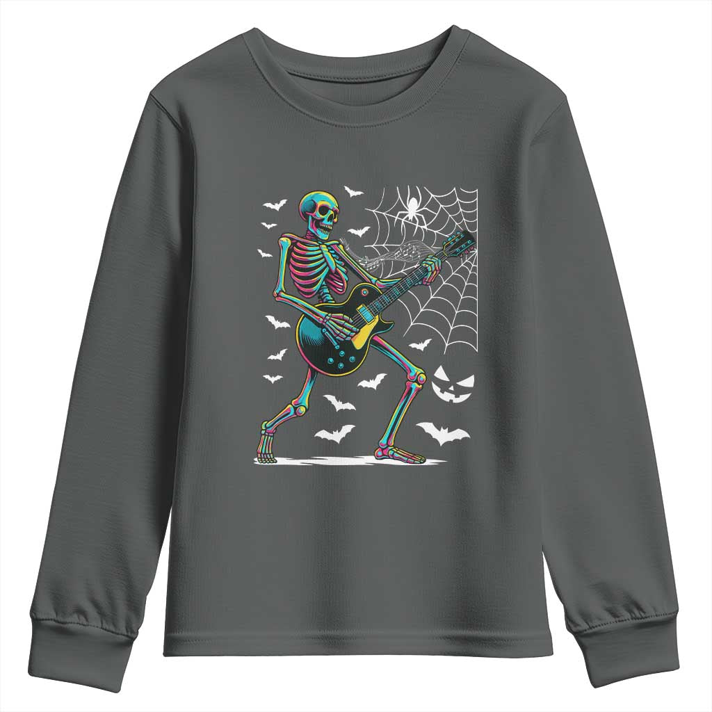 Halloween Rock And Roll Youth Sweatshirt Skeleton Playing Guitar TS12 Dark Heather Print Your Wear