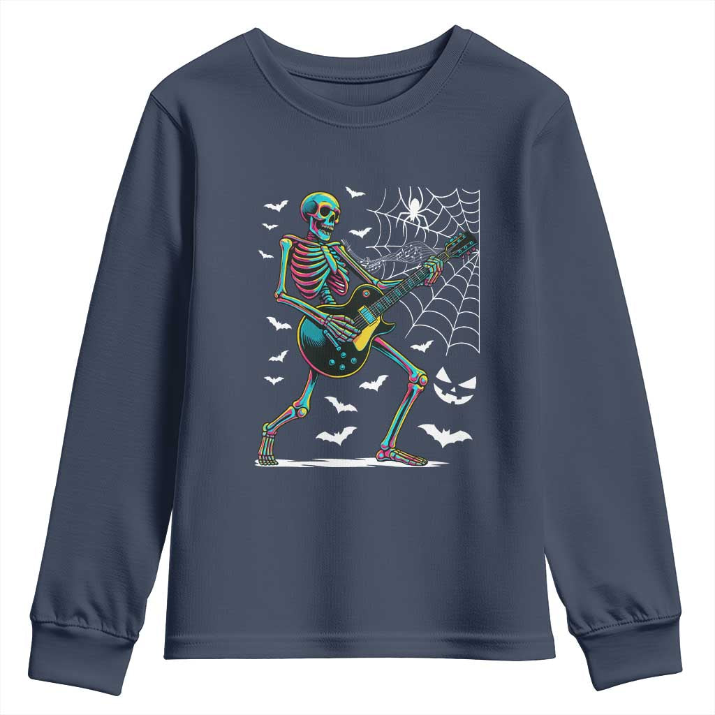 Halloween Rock And Roll Youth Sweatshirt Skeleton Playing Guitar TS12 Navy Print Your Wear