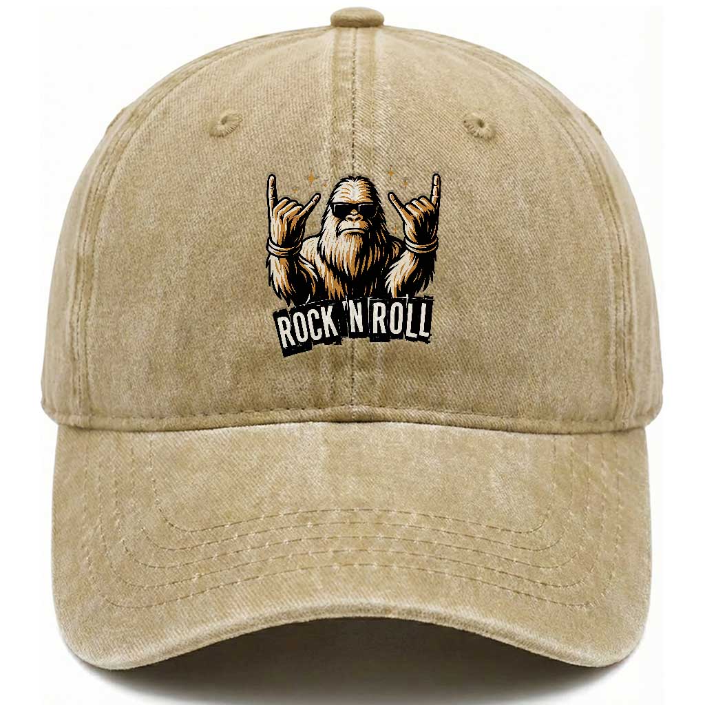 Funny Bigfoot Rock N Roll Washed Cotton Baseball Cap - Music Lover Sasquatch TS12 Print Your Wear