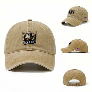 Funny Bigfoot Rock N Roll Washed Cotton Baseball Cap - Music Lover Sasquatch TS12 Washed Cap Universal Fit Khaki Print Your Wear