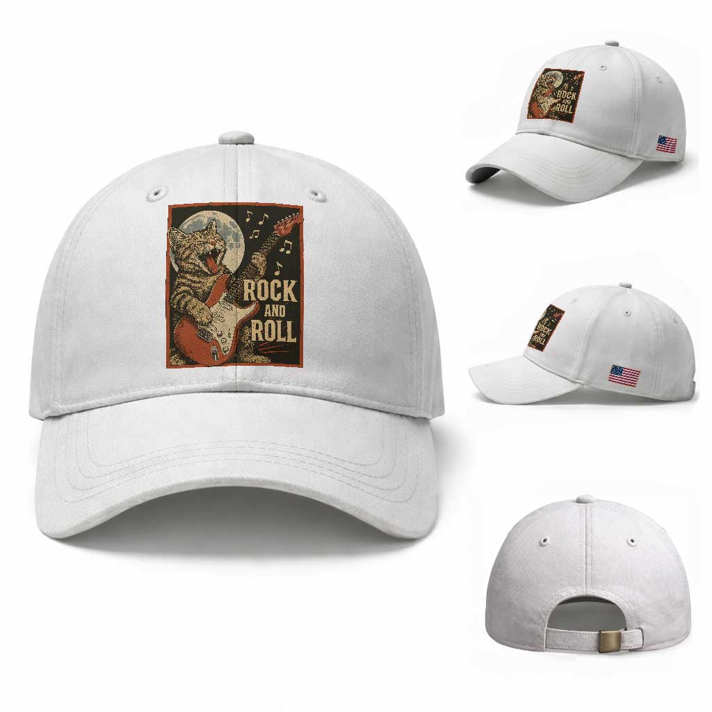 Funny Rock And Roll Baseball Cap Cat Playing Electric Guitar Music Lover TS12 Baseball Cap Universal Fit White Print Your Wear