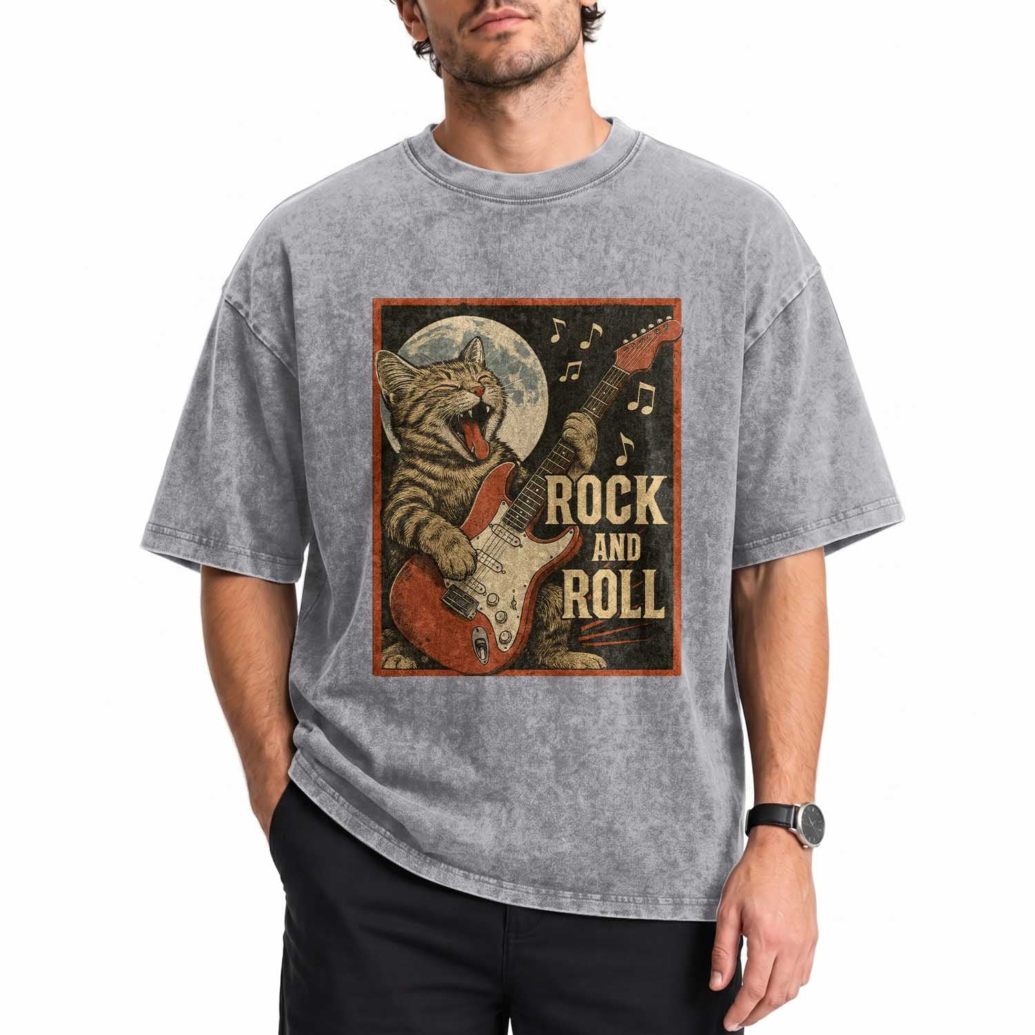 Funny Rock And Roll Washed Cotton T-Shirt Cat Playing Electric Guitar Music Lover