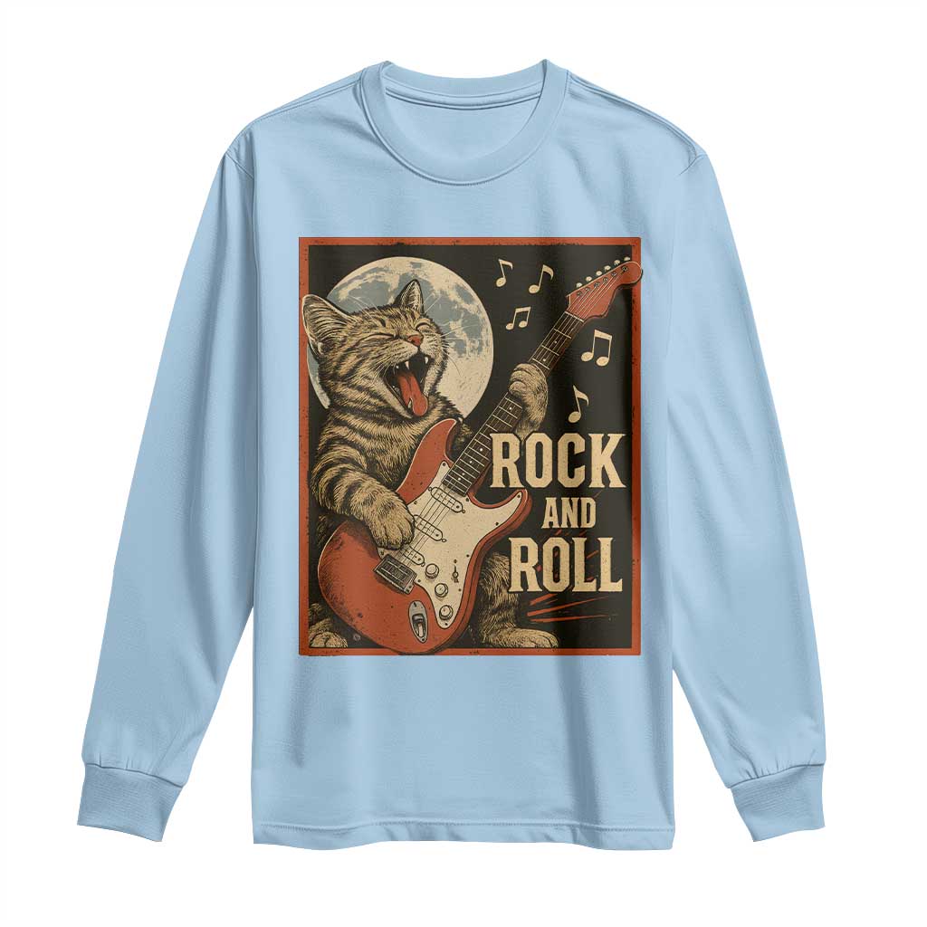Funny Rock And Roll Long Sleeve Shirt Cat Playing Electric Guitar Music Lover TS12 Light Blue Print Your Wear